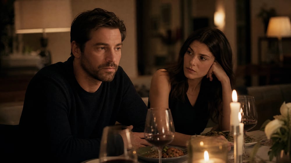 A couple at a candlelit dinner sitting close together, but the man looks away while his wife watches him with quiet concern