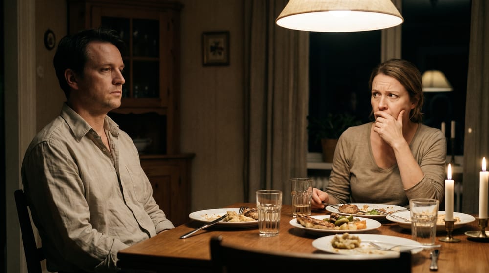 A husband and wife at the candlelit dinner table at night, him looking away in silence while she watches him with quiet worry, hand to her mouth