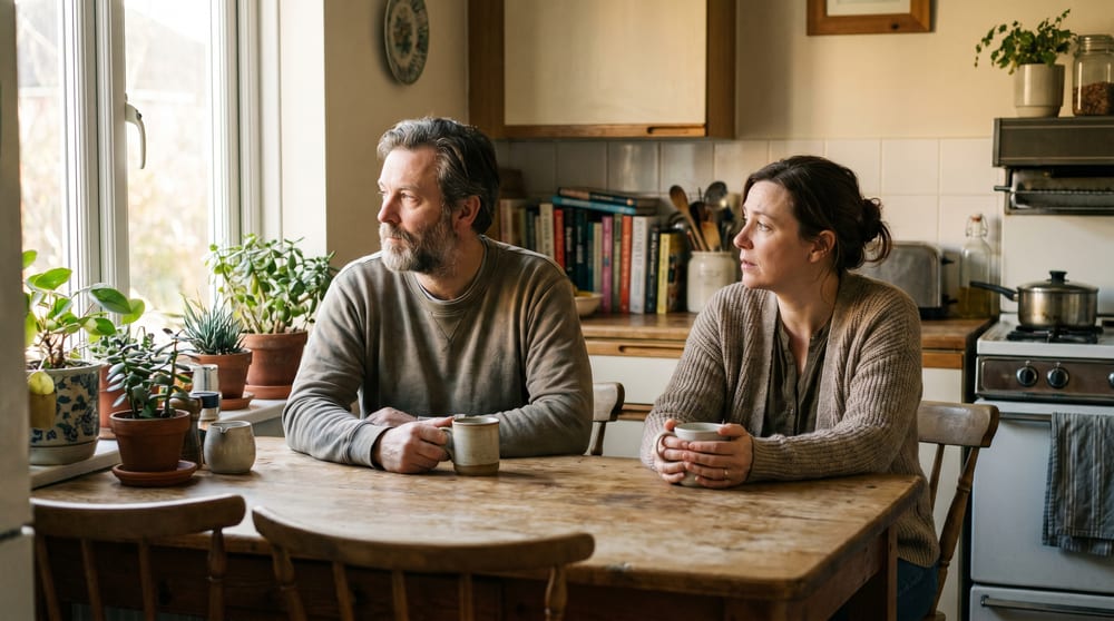 A husband and wife at the kitchen table with their morning coffee, both looking away in silence, the quiet distance of a long marriage