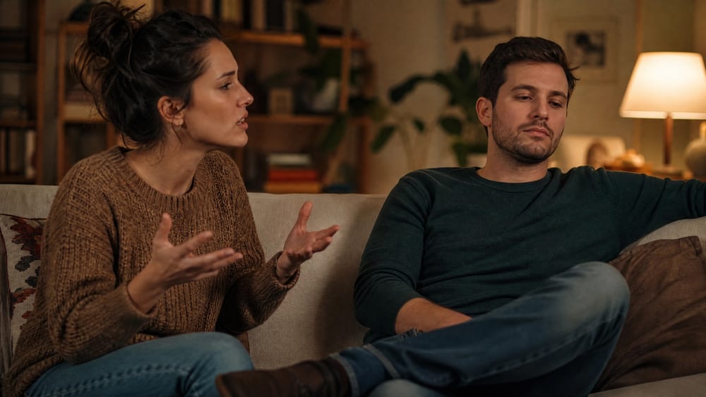 A woman on the couch talking and gesturing with her hands while her husband leans back at the other end, closed off and pulling away