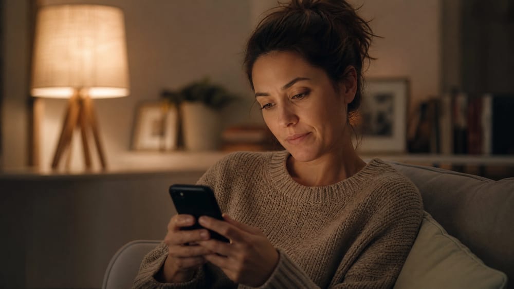 A woman sitting alone on the couch in soft lamplight, looking at her phone and waiting for a message that hasn't come