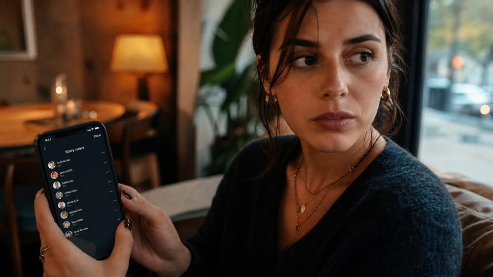 A woman holding her phone with a messaging app open, looking away by the window, confused that he watches her stories but won't text back