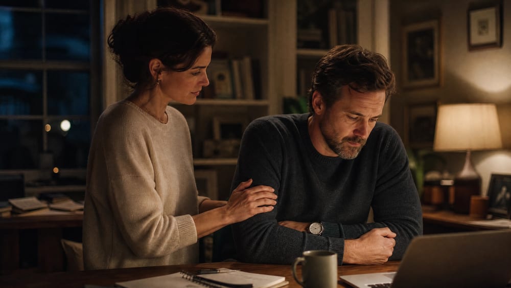 A wife leaning gently toward her husband at a desk as he stays focused on his laptop, quietly shut down and hard to reach