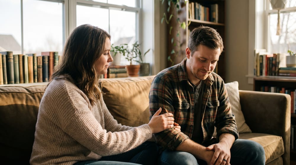 A wife resting her hand gently on her husband's arm as they sit together on the couch, him looking down, a careful first step back toward each other