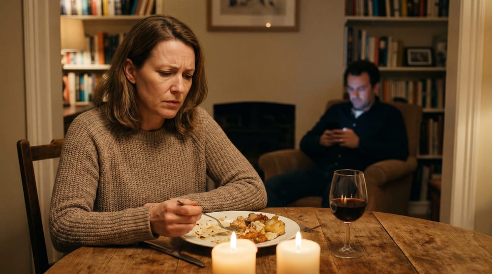A wife eating dinner alone at the candlelit table while her husband sits apart in the background on his phone