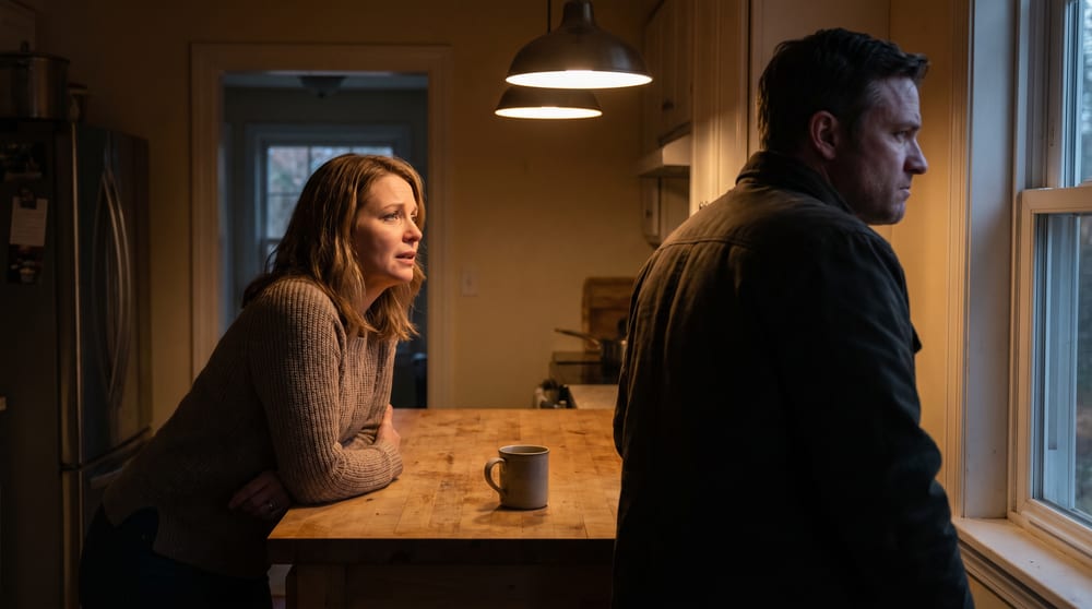 A wife leaning on the kitchen counter trying to talk to her husband, who stands turned away looking out the window in silence