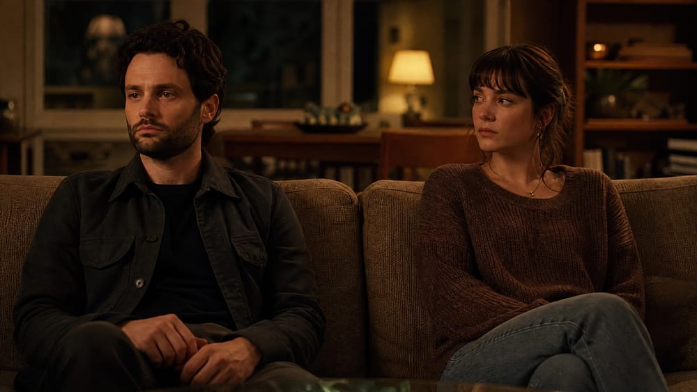A couple sitting apart on opposite ends of the couch, both looking away in tense silence