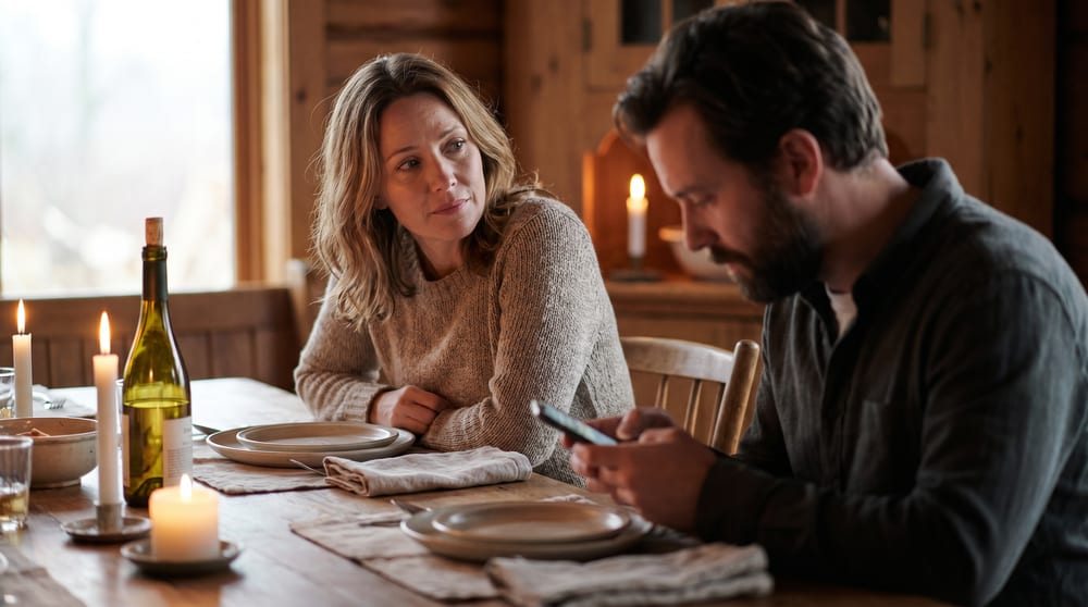 A wife looking toward her husband over a candlelit dinner while he stares down at his phone