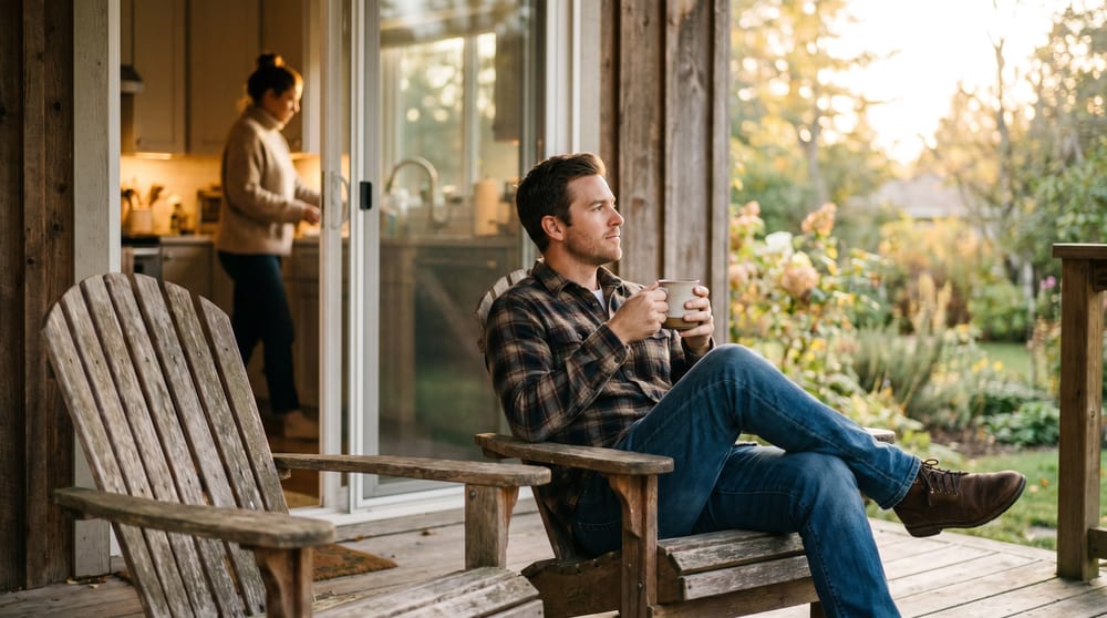 A man sitting outside alone with a coffee, looking off into the distance while his wife is visible through the window inside