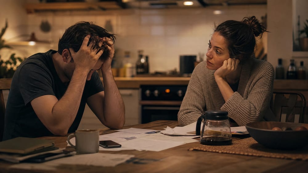 A man at the kitchen table with his hand pressed to his head, stressed, while his wife watches him with quiet worry