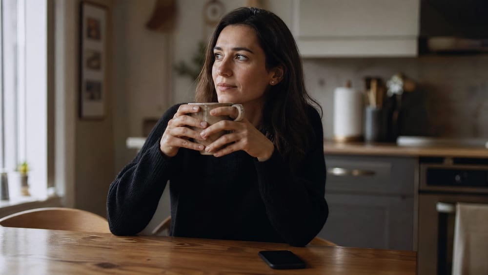 A woman alone at the table holding a warm mug with her phone face-down, giving him space after he went cold