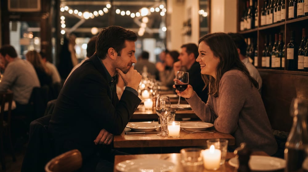 A couple leaning toward each other over candlelight and wine in a warm restaurant, smiling and easy together