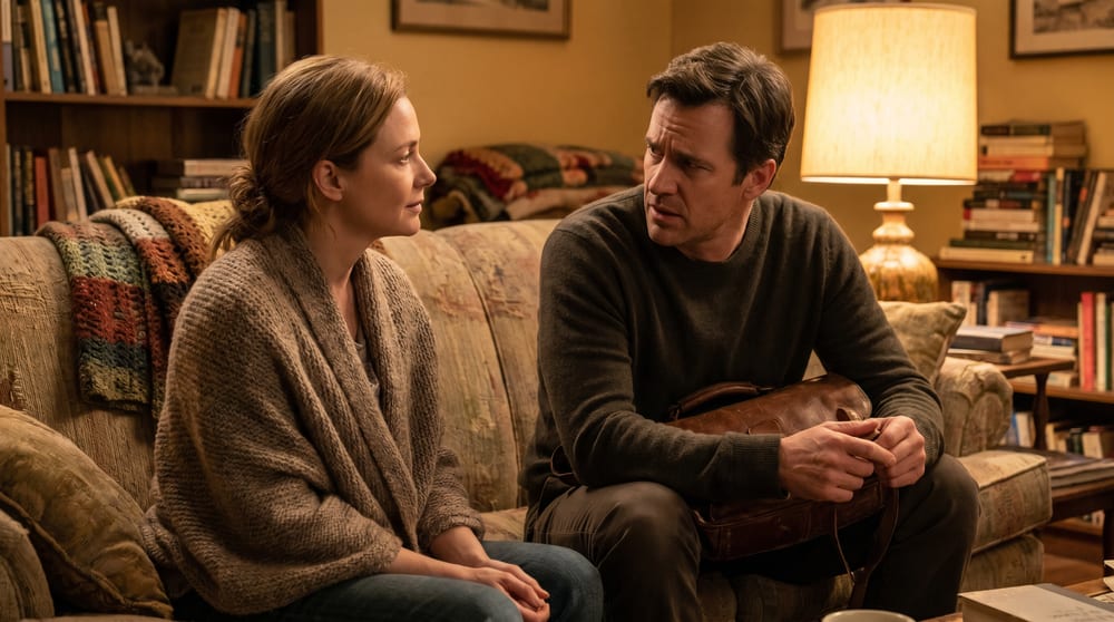 A man and woman in a quiet, serious conversation on the couch, the kind of presence a man does not get over