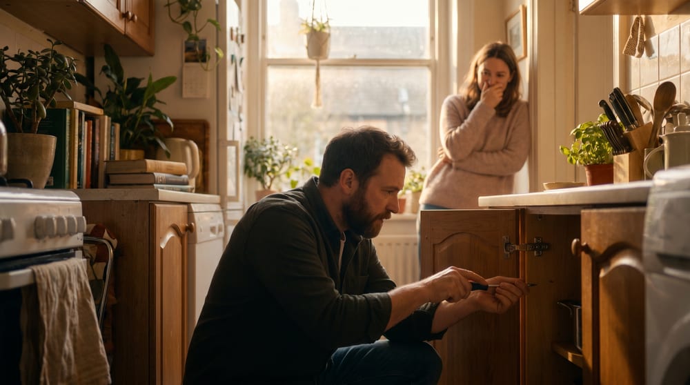 A husband crouched fixing a kitchen cabinet while his wife watches him from across the room with a soft smile