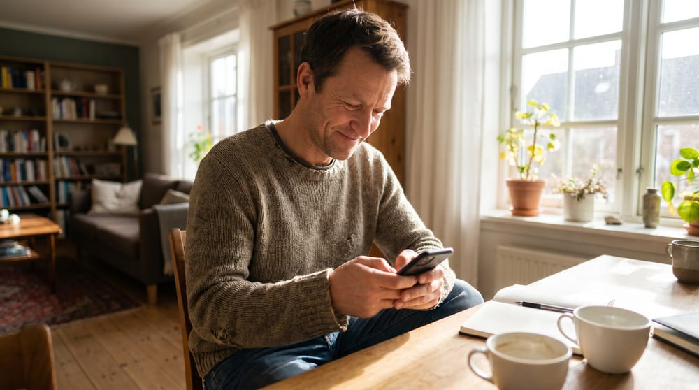 A man sitting at his sunlit kitchen table smiling down at his phone as he texts someone he is genuinely into