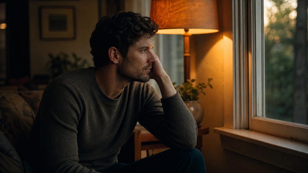 A man sitting by a window in warm lamplight, lost in thought and emotionally pulled away