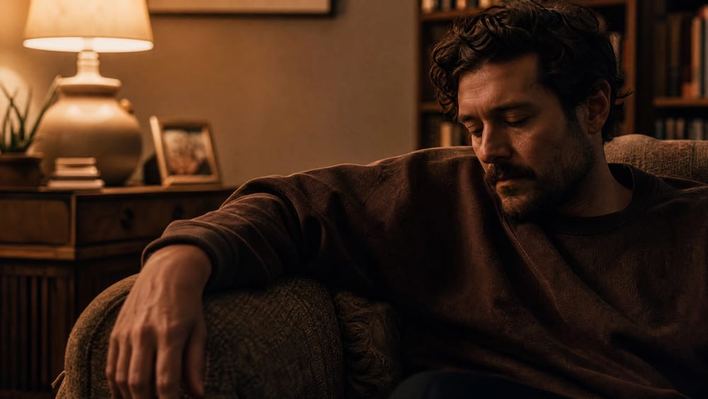 A man alone in a dim living room with his hand to his face, looking down, feeling more than he is saying
