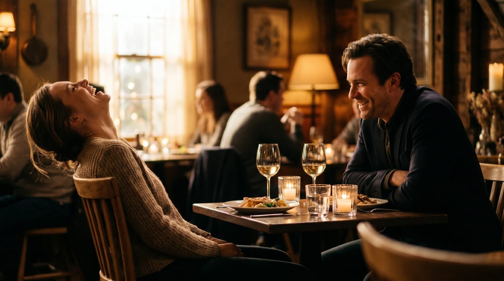 A couple at a candlelit restaurant table, the woman laughing freely with her head back while the man grins at her, completely at ease together