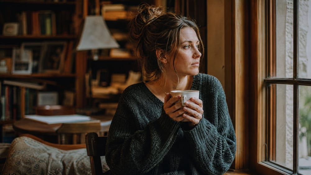 A woman standing by a window holding a mug, looking out thoughtfully as she decides what to do when he pulls away