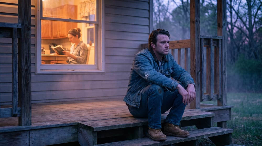 A husband sitting alone on the porch steps at dusk, lost in thought, while his wife reads inside the lit kitchen window behind him