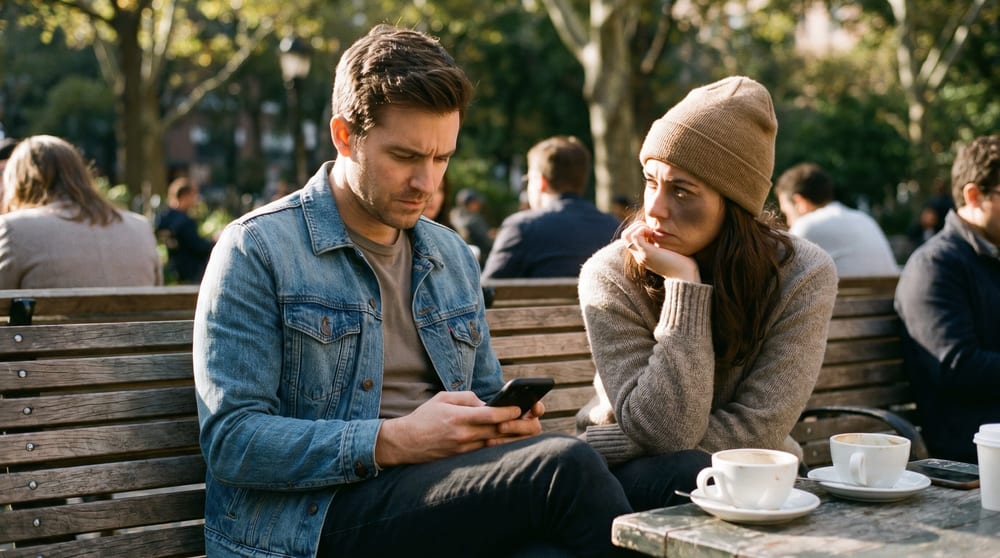 A young couple on a park bench where the man is looking at his phone and the woman looks away, the spark cooling a few months in