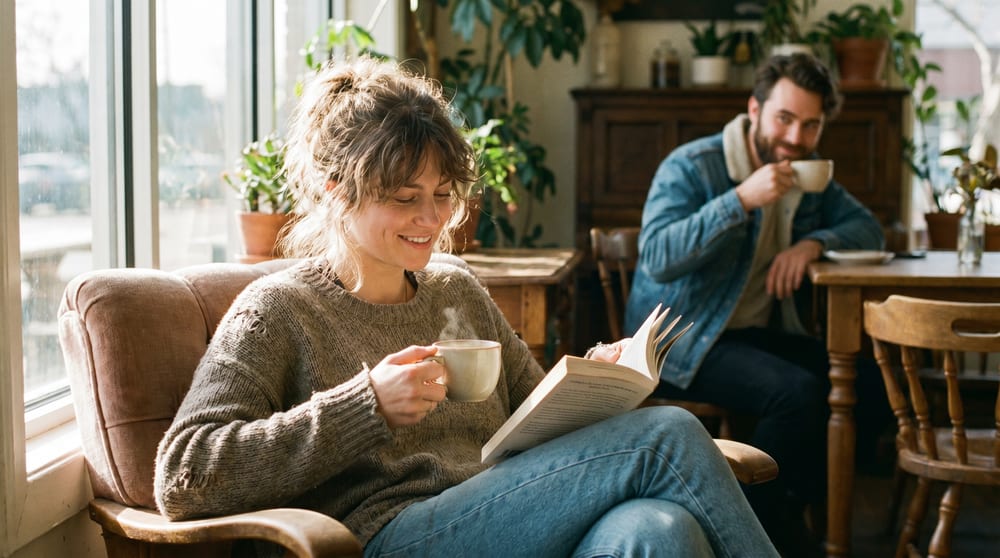 A woman relaxed in an armchair with her book and coffee, smiling to herself, while her husband watches her warmly from across the sunlit room